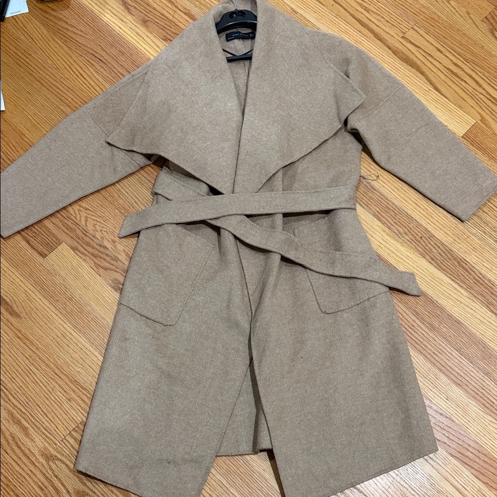 Zara camel handmade wool blend wrap coat with belt